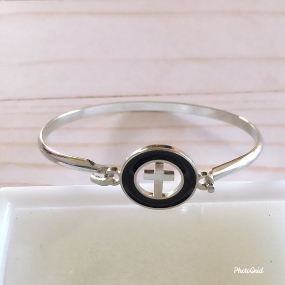 Silver Bangle With Cross Design - Picture 3 of 3